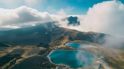 Breathtaking aerial view of twin lakes nestled among mountains, with clouds casting shadows. tranquil natural landscape captured by drone. perfect for travel and nature themes. AI
