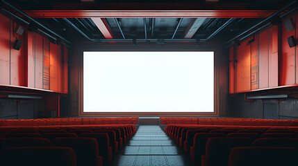 Empty Cinema Auditorium with Mockup White Blank Screen, Movie Theater Interior with No Audience, Entertainment Industry Concept, Cinema Hall with Copyspace, Generative AI

 - obrazy, fototapety, plakaty