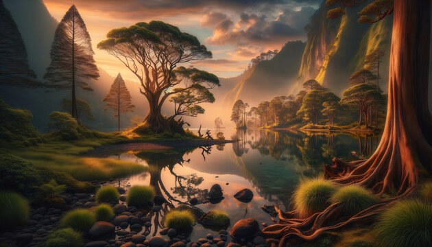 Tranquil sunset landscape with hidden low-level language elements.