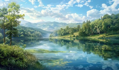 Fototapeta premium Tranquil Lake Reflect upon the serene beauty of a tranquil lake nestled amidst rolling hills and verdant forests. The still waters mirror the surrounding landscape