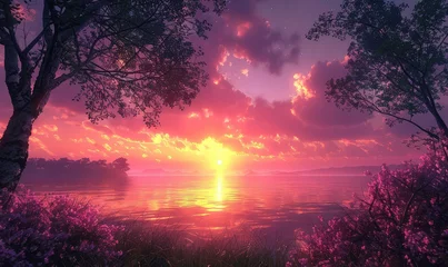 Fotobehang Sunrise Serenity Witness the breathtaking beauty of a sunrise over the horizon, as the sky is painted in hues of pink, purple, and gold. Silhouetted trees stand in stark relief against the dawn sky © jamrut