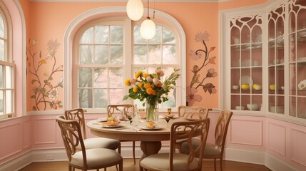 Art Nouveau-inspired Dining Room with Soft Peach Walls and Floral Elegance Design an Art Nouveau-inspired dining room with soft peach walls