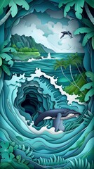 Humpback Whale Whales Kauai Maui Hawaii Ocean Breech Breeching Waves Paper Cut Phone Wallpaper Background Illustration