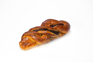 Sweet bun on a white background. Vikrutas bun from Berdyansk bakery