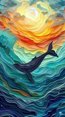 Humpback Whale Whales Kauai Maui Hawaii Ocean Breech Breeching Waves Paper Cut Phone Wallpaper Background Illustration