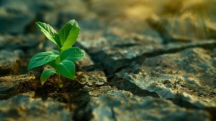 Green Plant Growing in the Middle of Dry Cracked Ground, Environmental Sustainability Concept, Resilient Nature Life in Arid Environment, Hope and Renewal in Drought, Generative AI

