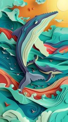 Humpback Whale Whales Kauai Maui Hawaii Ocean Breech Breeching Waves Paper Cut Phone Wallpaper Background Illustration