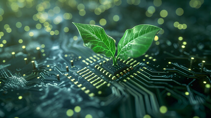 Green Plant Growing Out of Microcircuit, Energy Technology Concept, Futuristic Eco-Friendly Innovation, Nature and Technology Integration, Digital Ecology, Generative AI

