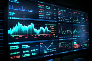 Multiple screens displaying dynamic financial data analysis graphs and charts.