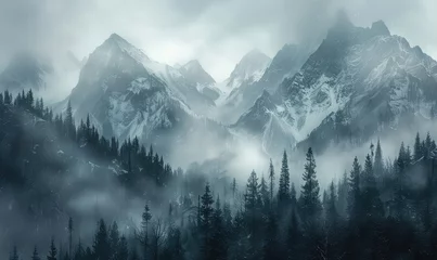 Foto op Canvas Misty Mountains Journey through mist-shrouded mountains, where wisps of fog cling to rugged peaks and valleys © jamrut