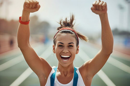 Fierce in the face of adversity. Shot of a beautiful young female athlete celebrating at the end of her race.