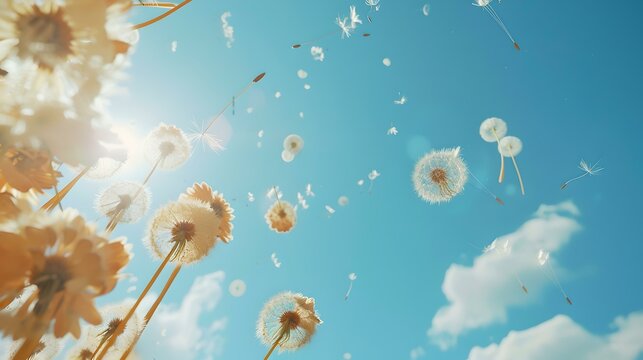 Serene dandelion seeds dispersing in the breeze, symbolizing change and growth, set against a vibrant blue sky. ideal for nature themes. AI