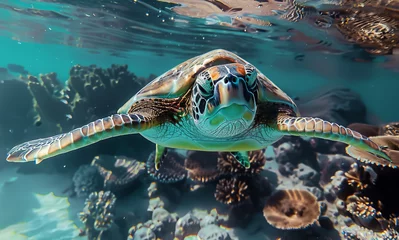 Fotobehang A majestic sea turtle gracefully swimming over a vibrant coral reef underwater. © GreenMOM