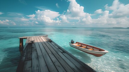 Serene tropical seascape with wooden pier and moored boat. perfect for travel and leisure themes. serenity and tranquility captured. AI