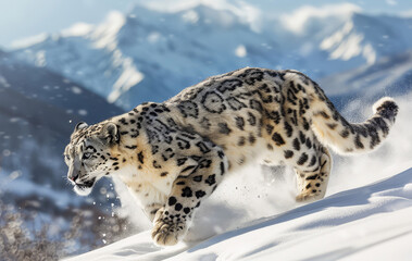 A snow leopard in mid-pounce against a backdrop of snow-covered mountains.