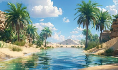 Desert Oasis beauty of a desert oasis, where lush palm trees and shimmering pools of water provide a welcome respite from the harsh desert landscape. Sand dunes stretch to the horizon