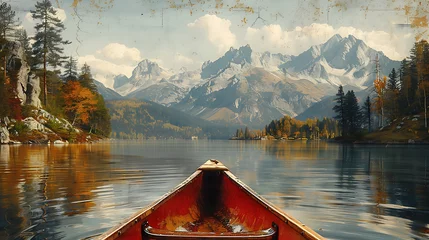 Rolgordijnen Kayaking boat on an idyllic mountain lake with beautiful view AI Image Generative. AI Image Generative © Anditya