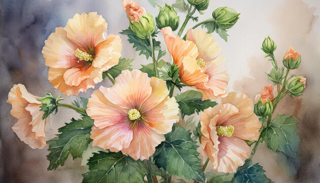 Kwiaty malwy w kolorze brzoskwiniowym, dekoracja generative ai