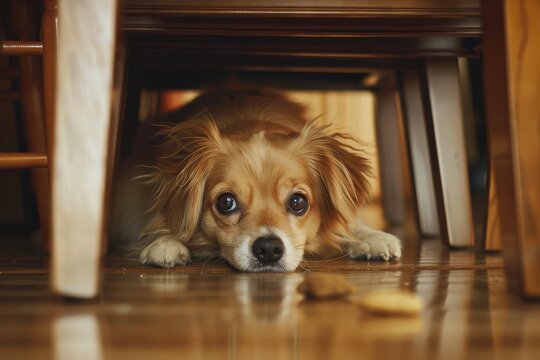 A cute, small dog with a guilty expression hiding under a wooden table.