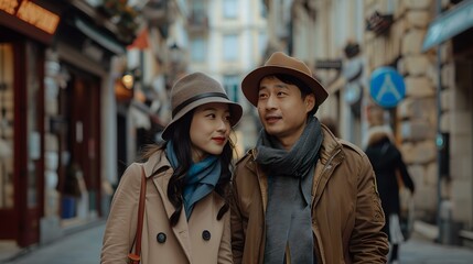 Stylish couple enjoys a romantic stroll in a picturesque urban alley. perfect for lifestyle and travel themes. casual and trendy attire. captured moment of affection. AI