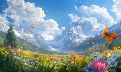 sun drenched alpine meadow, where wildflowers bloom in abundance and butterflies through the air. Snow-capped peaks loom in the distance, creating a scene of tranquil beauty