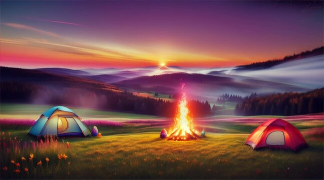 Night Camping Amidst Mountain Beauty and Stunning sunset embraces the beauty of nature