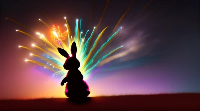 Silhouette of the Easter Bunny surrounded by Colorful Eggs and glowing fireworks illuminating the spring garden.