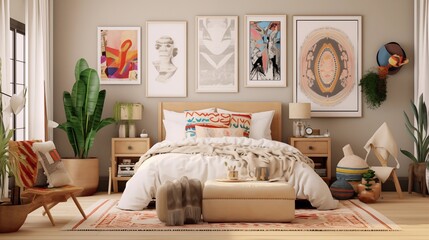 Artistic Boho Bedroom with Gallery Wall and Macrame Accents Design a bohemian-inspired bedroom that showcases your artistic flair and free-spirited style