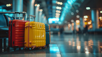 Luggage Suitcases at the Airport Wide Banner with Copy Space, Travel Bags in Airport Terminal, Passenger Luggage Waiting for Boarding, Airport Check-in Scene, Travel and Tourism Concept, Generative AI - obrazy, fototapety, plakaty