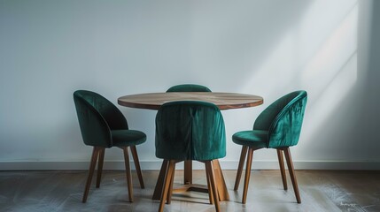 Obraz premium Modern minimalist dining area with elegant table and chairs, natural light in a serene setting. ideal for contemporary interior design themes. AI
