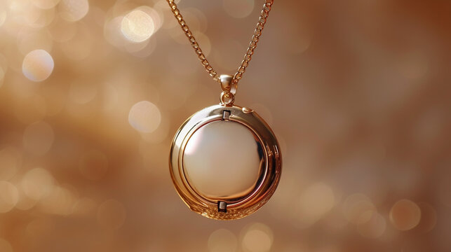 A minimalist golden locket, concealing cherished memories, hovering in the air against a seamless rose gold background.