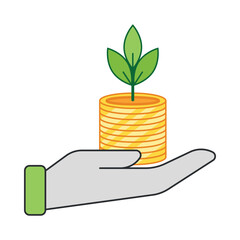 Coins with plant sprouts in hand. Saving money bank deposit investments, colored flat vector clipart - 744389605