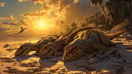 A pack of velociraptors napping on a sandy beach their sleek bodies absorbing the heat from the sun. - obrazy, fototapety, plakaty