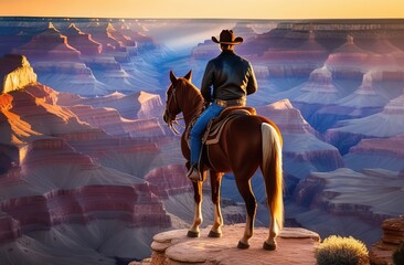 cowboy on a horse at the top of the mountainous grand canyon golden hour sunset. digital art.