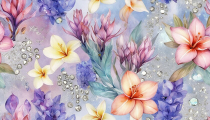  Flowers in the style of a lot of mixed watercolor art luxurious with some shiny brilliant metallic wallpaper pattern with glitter balls , diamonds and jewelry