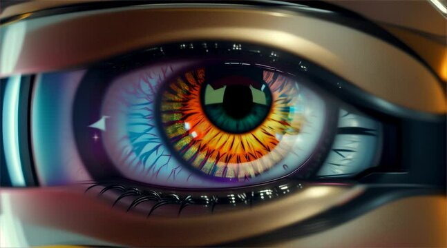 Close-up of a beautiful futuristic cyborg's green eye with striking blue iris and long eyelashes, portraying the beauty and wonder of vision