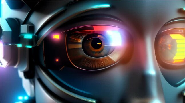 Close-up of a beautiful futuristic cyborg's green eye with striking blue iris and long eyelashes, portraying the beauty and wonder of vision