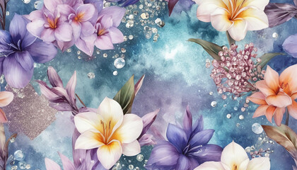  Flowers in the style of a lot of mixed watercolor art luxurious with some shiny brilliant metallic wallpaper pattern with glitter balls , diamonds and jewelry - obrazy, fototapety, plakaty