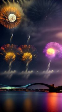 Nighttime city skyline illuminated by colorful fireworks during a festive celebration by the river