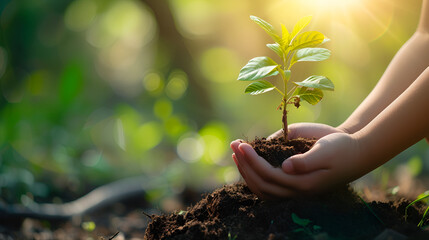 Hand of Children Holding Young Plant with Sunlight on Green Background, Eco-Friendly Concept, Environmental Conservation and Care, Growth and Sustainability Symbol, Nature and Kids, Generative AI

