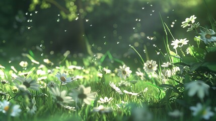 Delicate white daisies blooming in a lush green meadow, their petals dancing in the breeze.