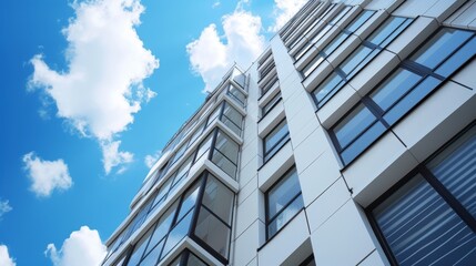 Facade of a modern apartment building with blue sky background