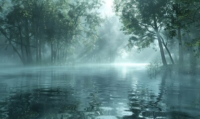 Fototapeta na wymiar mystical beauty of a mist-shrouded lake, where ghostly tendrils of fog drift across the water's surface