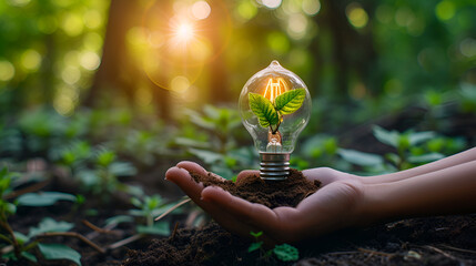 Hand Holding a Light Bulb with Growth of Tree Inside, Eco-Friendly Energy Concept, Sustainable Innovation and Environment Conservation, Creative Green Idea, Generative AI

