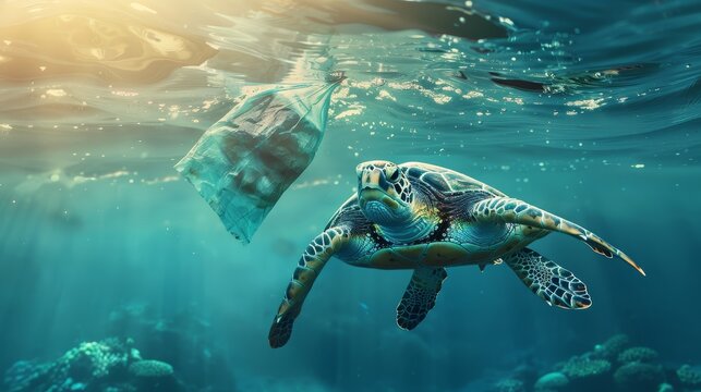 This image depicts a poignant moment as a sea turtle an emblem of marine beauty and resilience