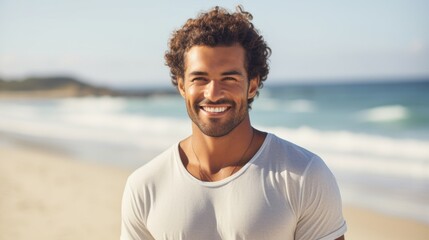 Portrait of a happy smiling athletic young man wearing a white T-shirt, looking at the camera on the beach of the sea. Hobbies and Recreation, Summer, Travel, Lifestyle, Vacation concepts.