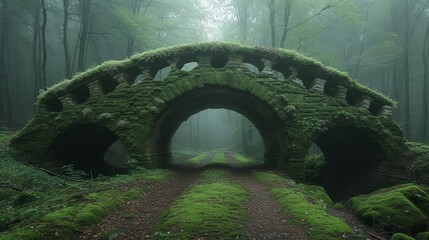 Moss covered stone bridge in a foggy forest
