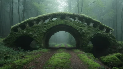 Deurstickers Moss covered stone bridge in a foggy forest © Sumon
