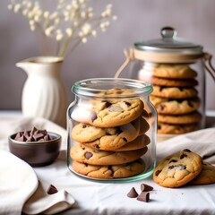Delicious chocolate chip cookies in a glass cookie jar on a evening tea table; closeup photo of a cookie jar 