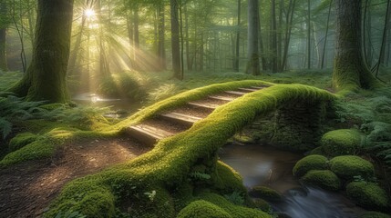 Moss covered wooden bridge path in a tranquil forest